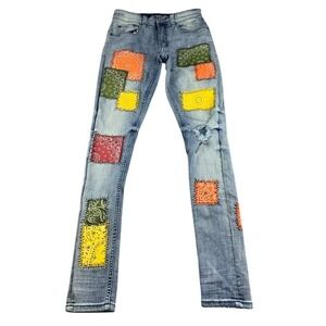 Serenade Jeans Men 28 Blue Bandana Patch Skinny Paisley Denim Stretch Distressed